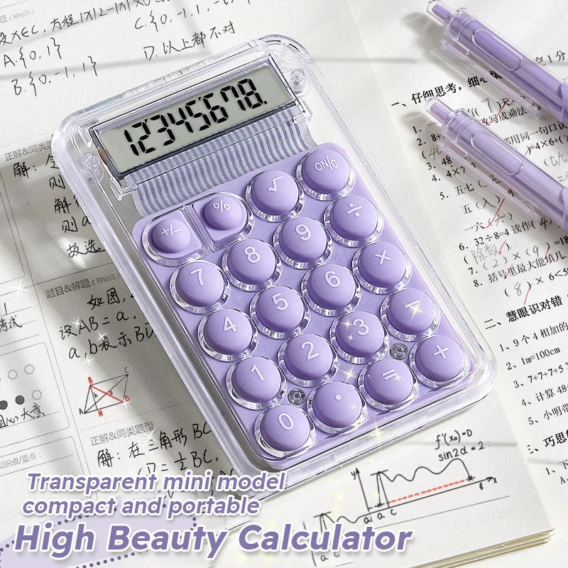 A clear plastic mini calculator with purple buttons and a digital display is shown on a sheet of paper.