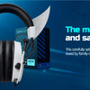 A white gaming headset is shown next to a blue gift box and a computer monitor, with text promoting it as a practical gift.