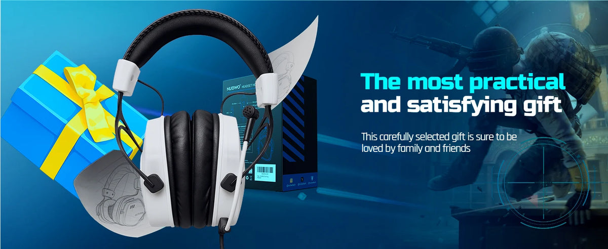 A white gaming headset is shown next to a blue gift box and a computer monitor, with text promoting it as a practical gift.