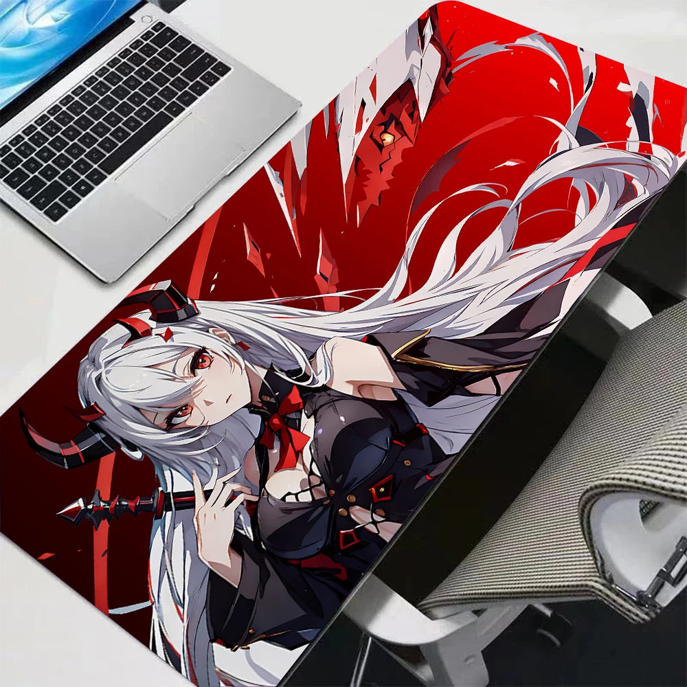 Anime gaming mouse pad featuring a white-haired female character design on a red background