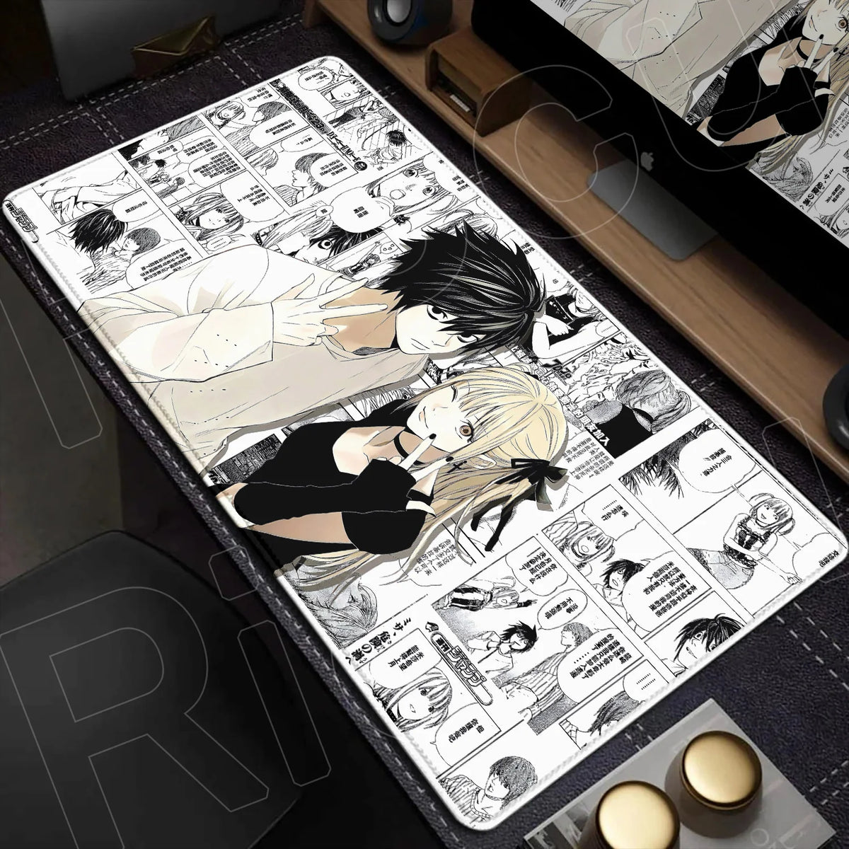 An oversized white and black manga-themed mouse pad featuring various character illustrations for gaming and office use.
