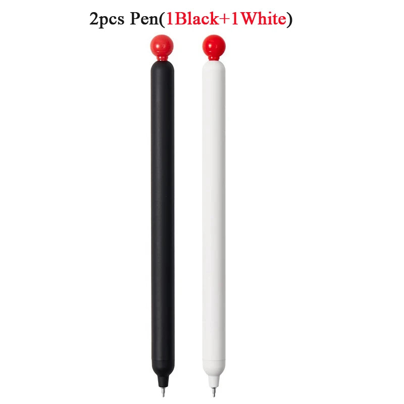 Two smooth gel pens are shown, one black and one white.
