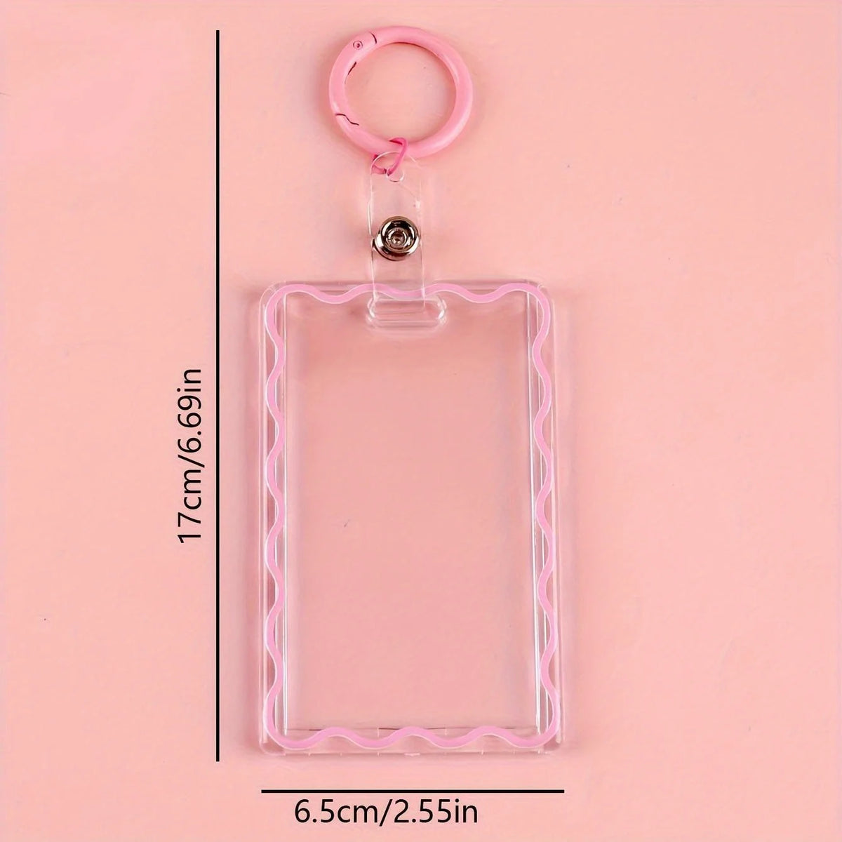 Clear acrylic card holder with a pink key ring and a rectangular card slot.