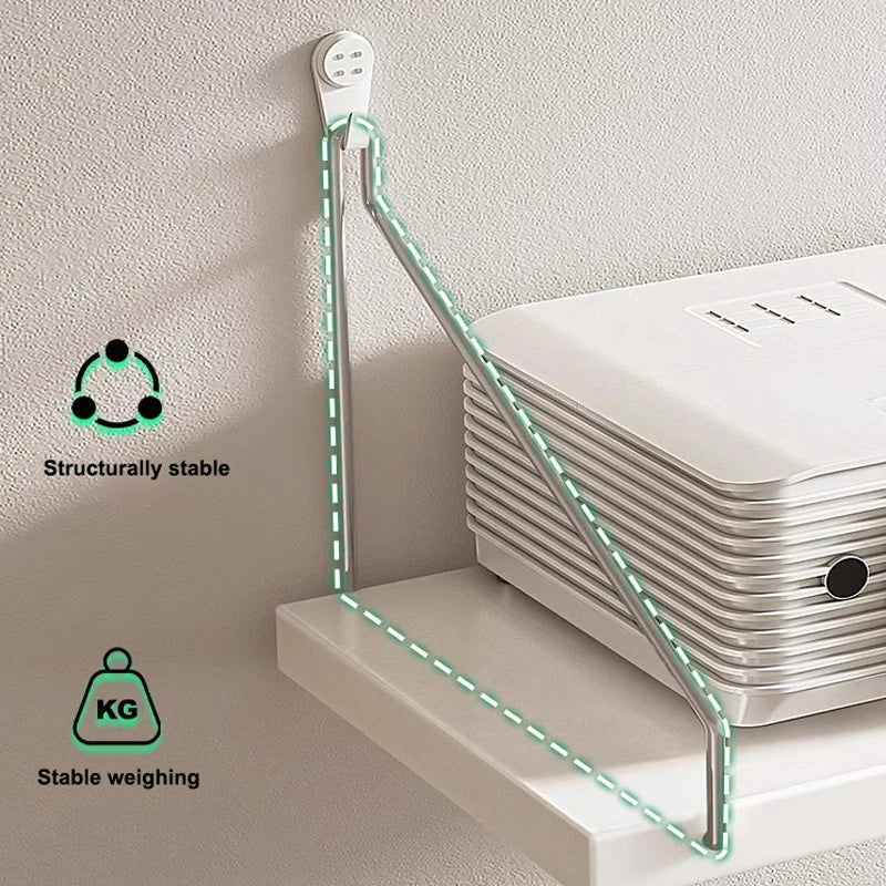 A wall-mounted projector stand with a flexible arm is shown next to a white box, demonstrating structural stability and stabl