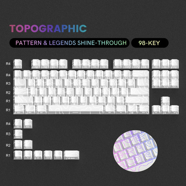 A close-up view of a 98-key topographic PBT keycap set with pattern and legends shining through.