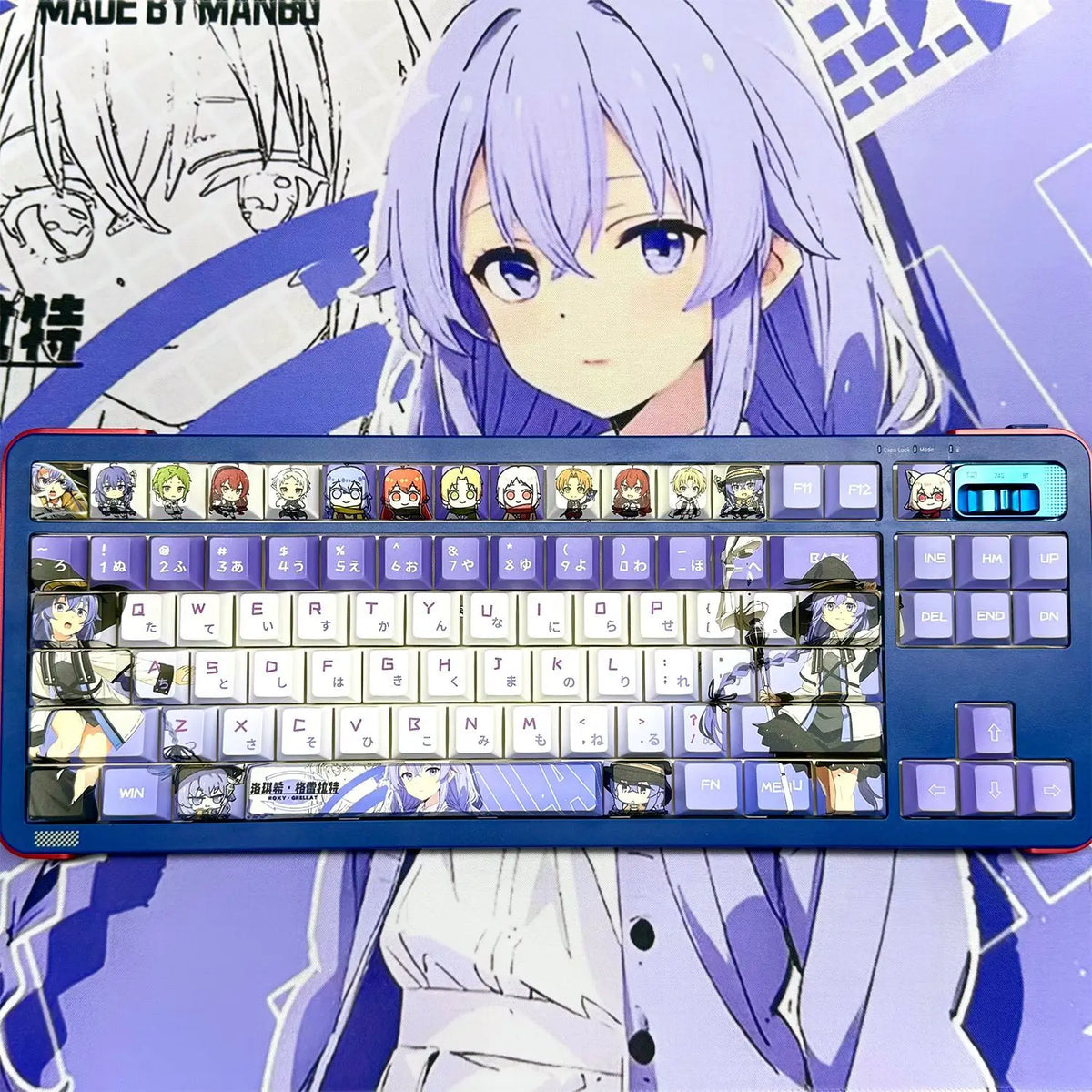 A close-up of a dye-sub backlit keycap set for a mechanical keyboard featuring anime or character designs.