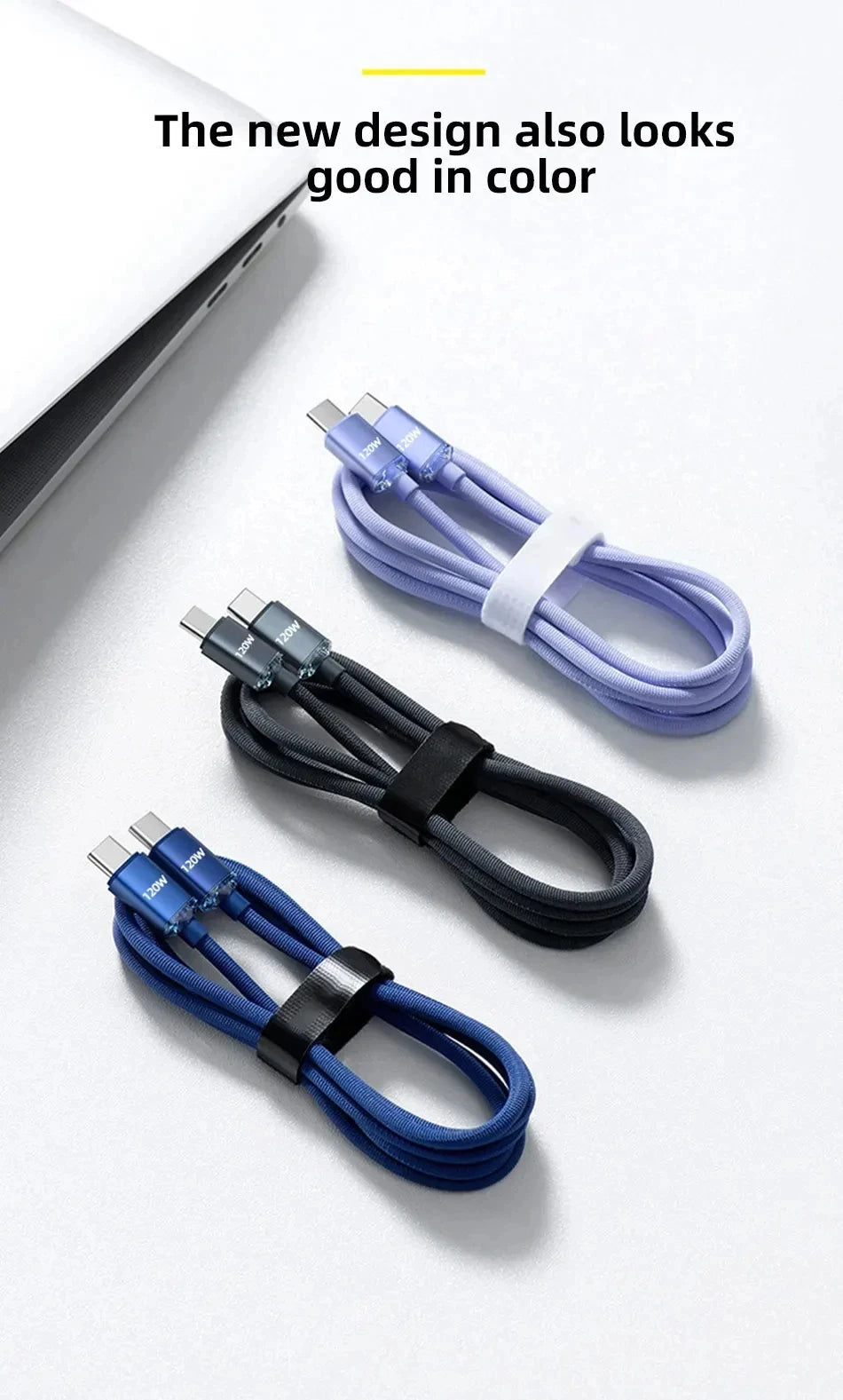A blue braided nylon USB-C to USB-C fast charging cable is shown next to a laptop.