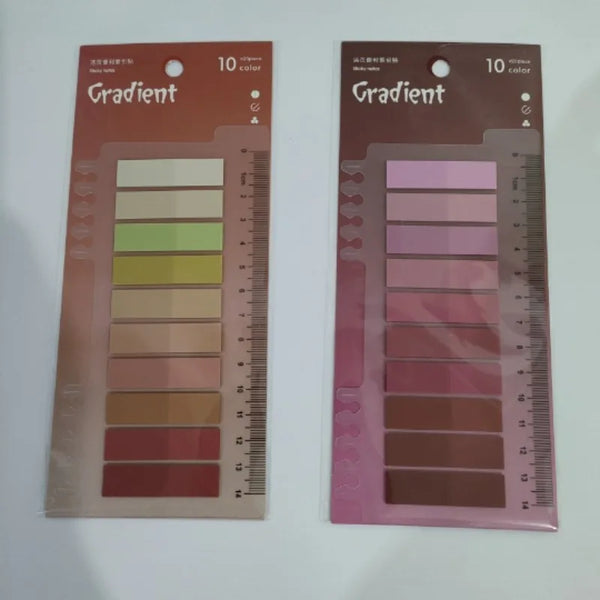 A set of 10 Gradient colored sticky notes for books and study, featuring various shades of pink and brown.