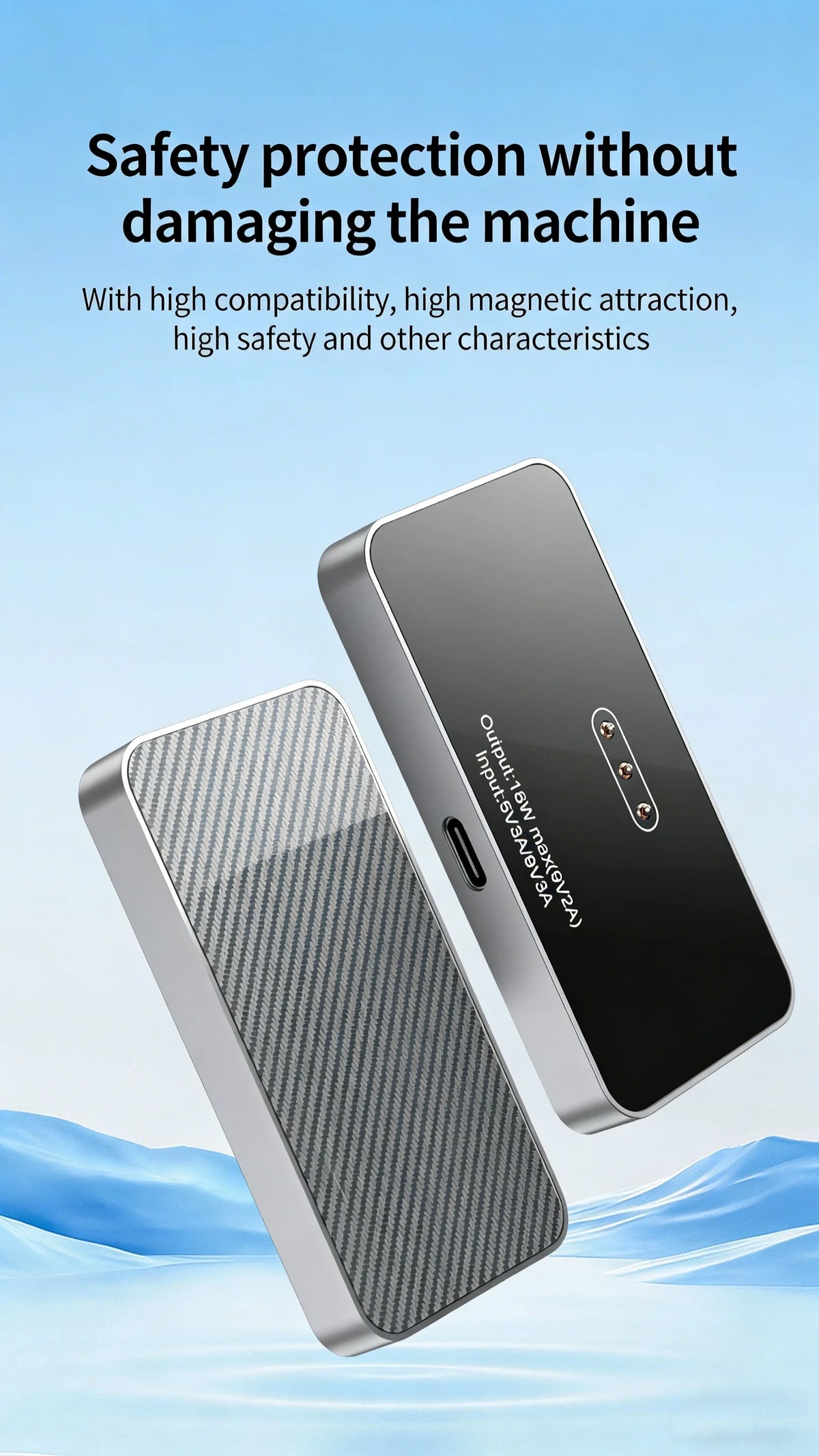 A silver magnetic wireless charging module is shown against a light blue background with text promoting safety and compatibil