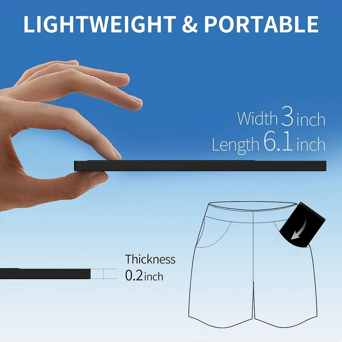 A hand holds a black writing tablet, showing its dimensions and thickness against a light blue background.