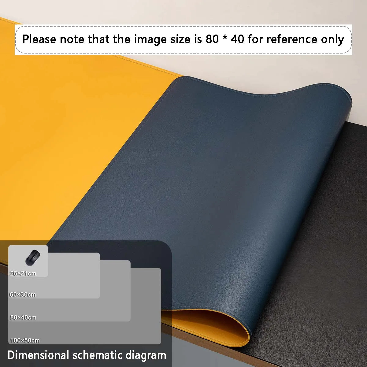 Dunkelblaue Premium-PU-Leder-Matte für den Schreibtisch, verschiedene Größen dargestellt.