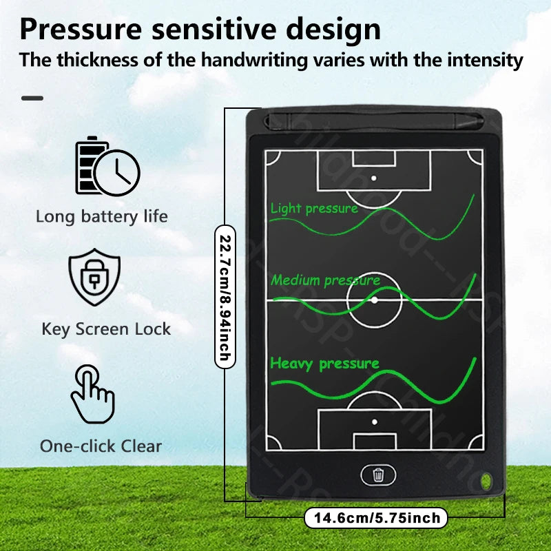 A black portable coaching tablet displaying a field with varying intensity lines to demonstrate pressure sensitive design fea