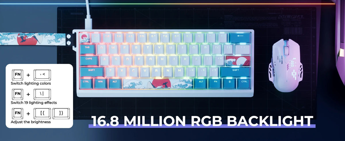 A close-up view of an aluminum mechanical keyboard with customizable RGB backlight and a white wireless mouse on a dark backg