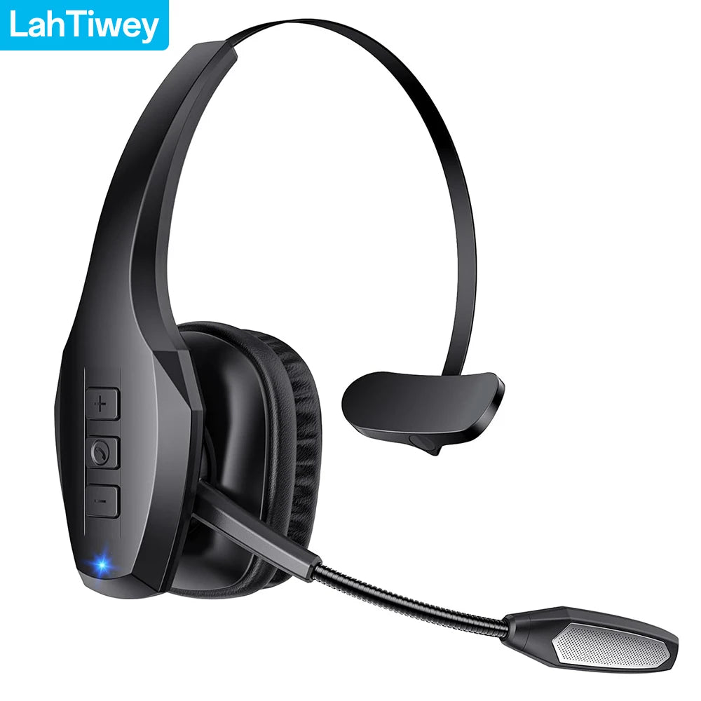 Black Bluetooth headset with an adjustable boom microphone and earcups