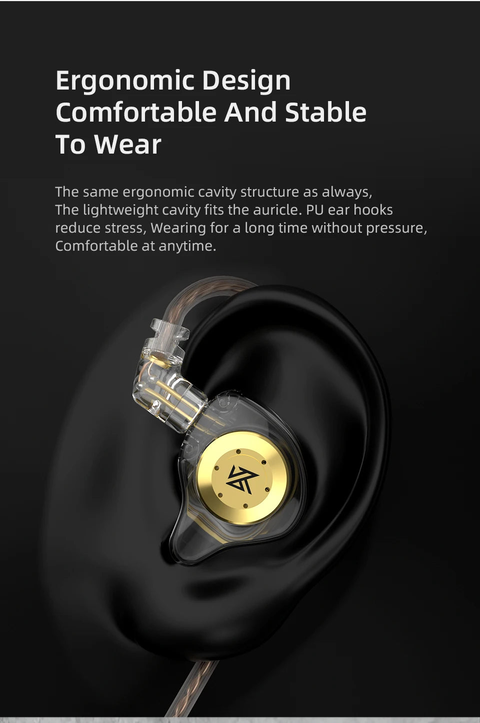 A close-up view of KZ EDX PRO dynamic earphones with a gold accent on a black background.