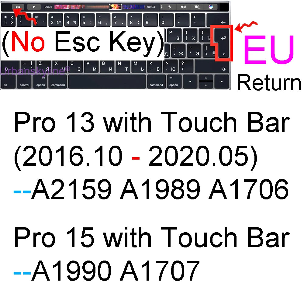 Primer plano del teclado de una laptop mostrando una cubierta de silicona con una tecla Return dedicada etiquetada EU