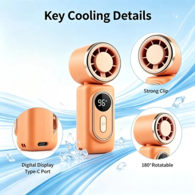 Close-up view of an orange portable clip-on cooling fan showing its digital display, Type-C port, and rotatable blades.