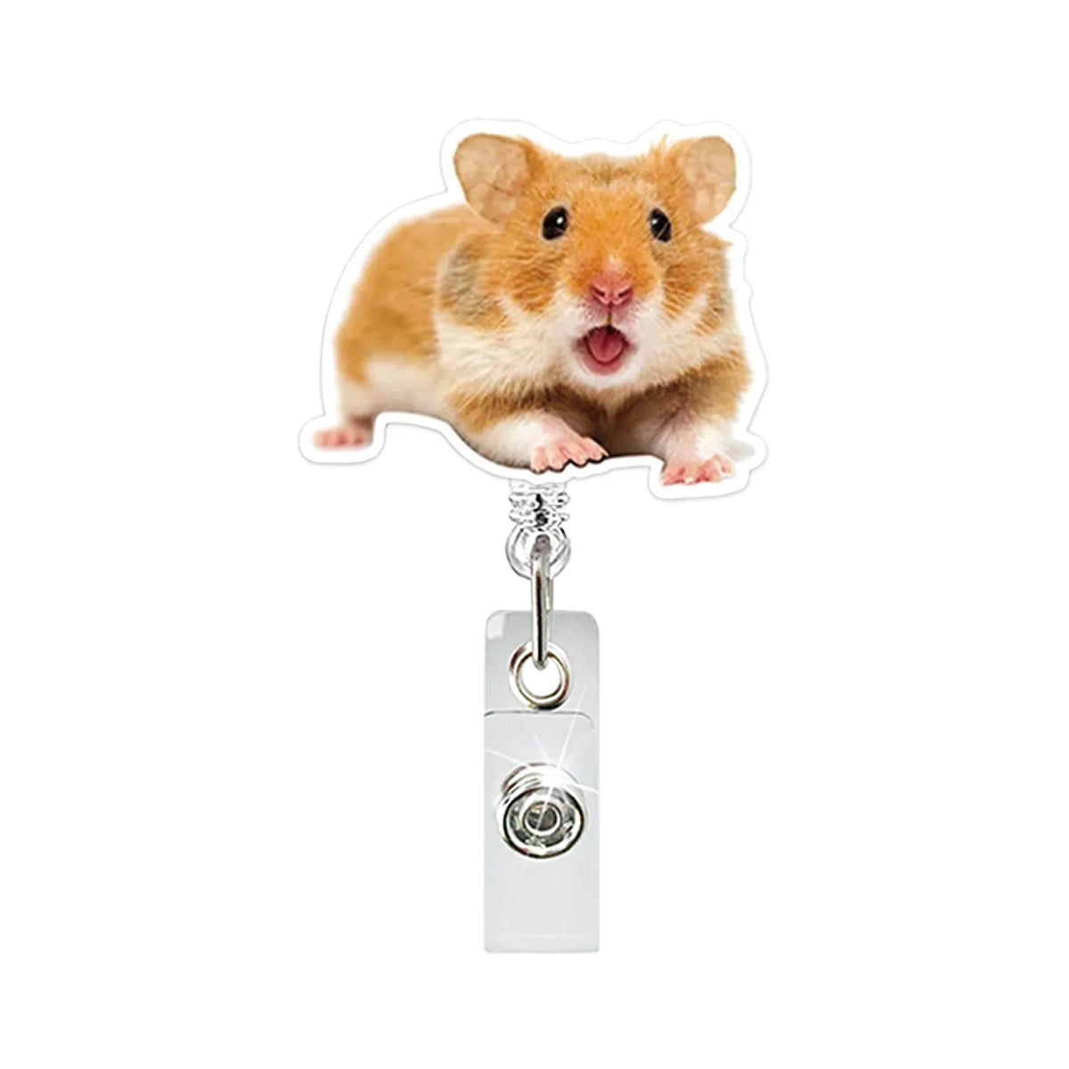 A fluffy brown hamster is attached to a clear acrylic badge reel with a retractable clip.