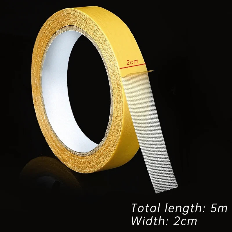 Roll of yellow heavy-duty double-sided cloth tape with a 2cm width and a total length of 5 meters.