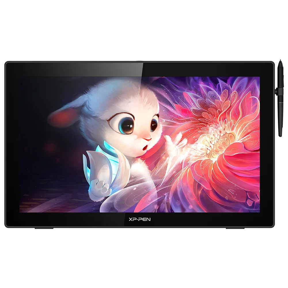 An XP-Pen drawing tablet with a matte screen protector and stylus, displaying a digital illustration of a white kitten.