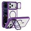 A purple magnetic shockproof iPhone case with a camera lens protection cover shown in various configurations.