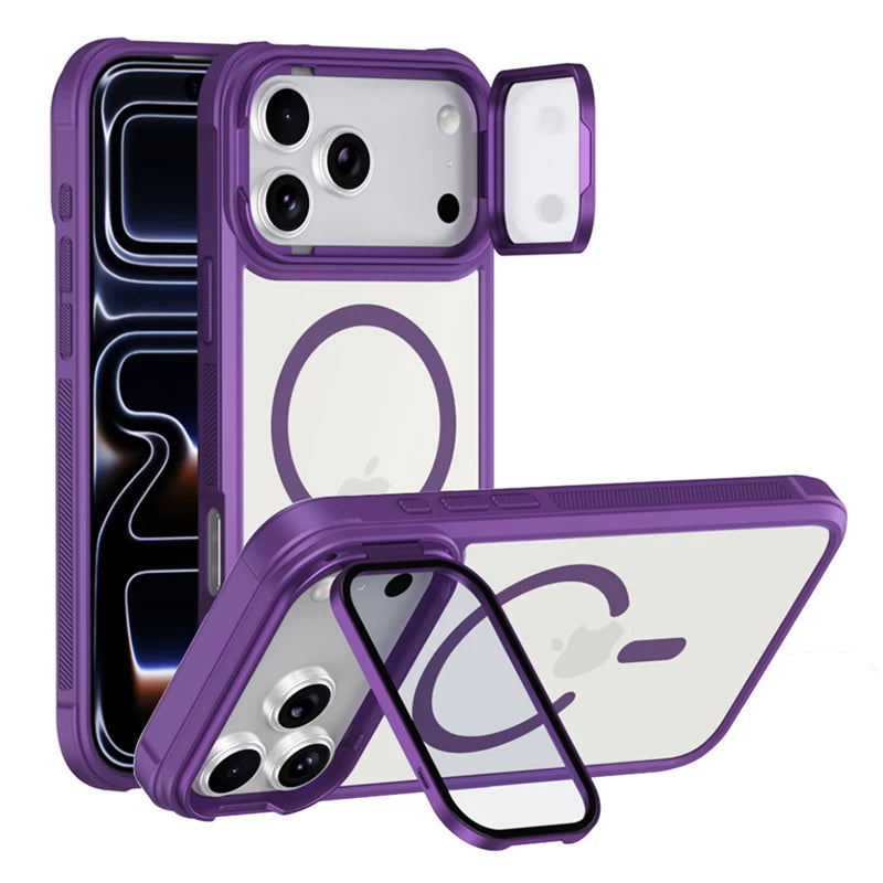 A purple magnetic shockproof iPhone case with a camera lens protection cover shown in various configurations.