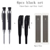 A set of six black metal carpenter pencils with built-in sharpener caps and a box.