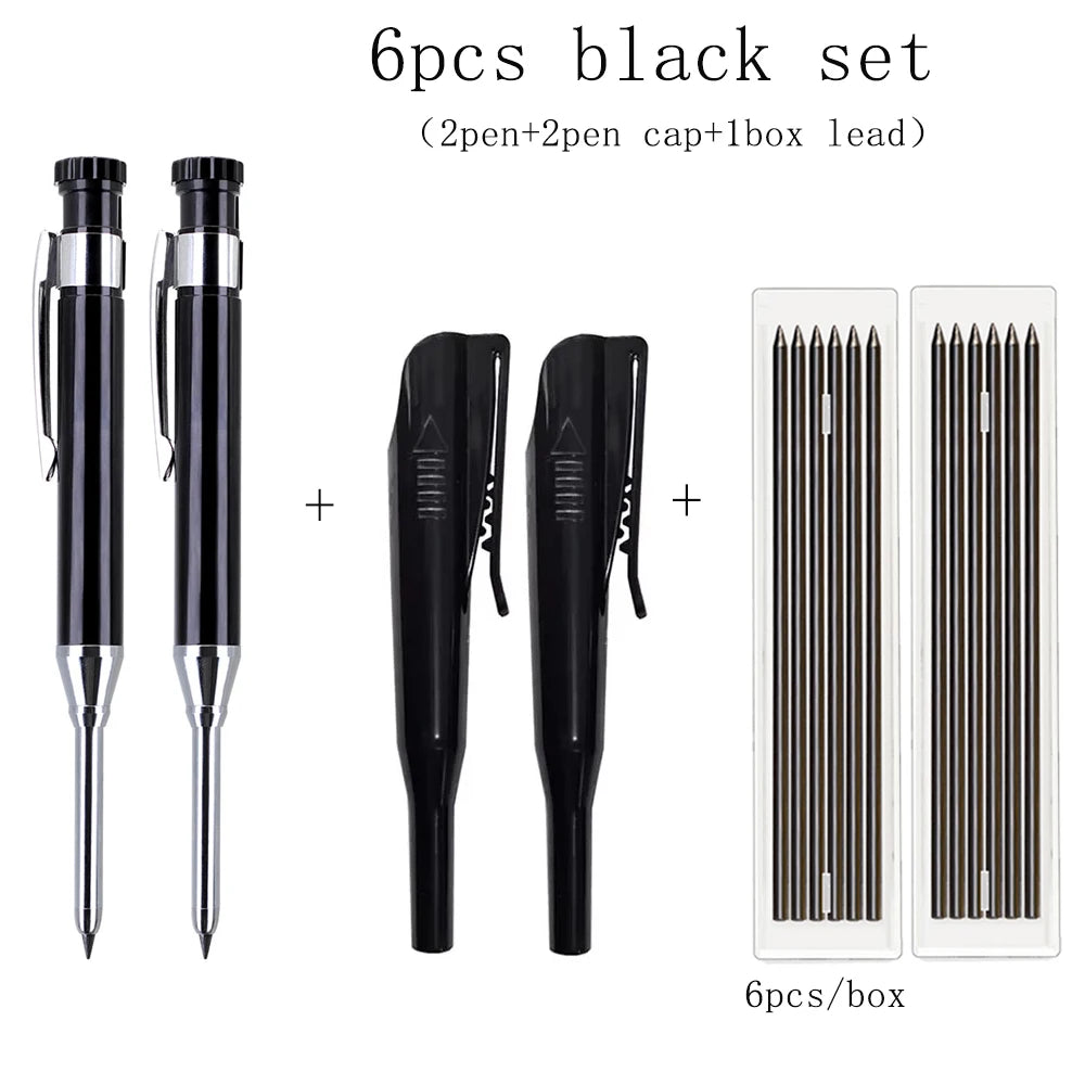 A set of six black metal carpenter pencils with built-in sharpener caps and a box.