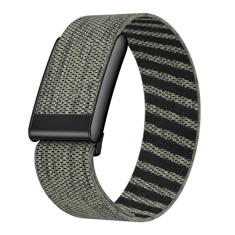 A close-up view of a black nylon braided strap for a watch, featuring a green and black striped pattern.