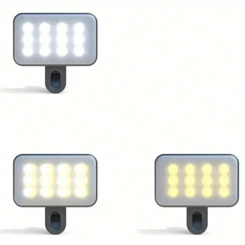 Two portable rechargeable mini selfie lights, one showing a bright white light and the other showing a warm yellow light.
