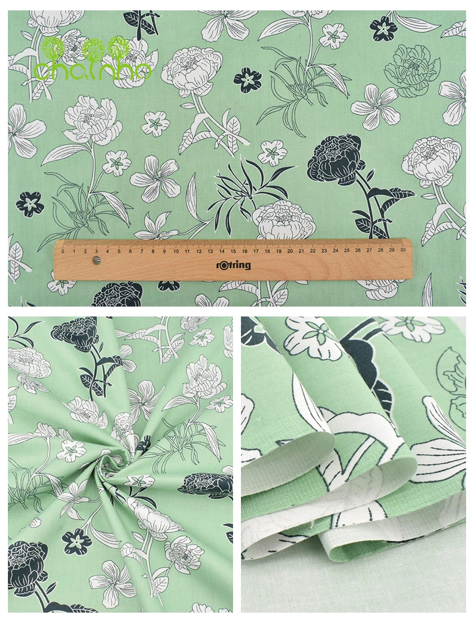Grüner Twill-Baumwollstoff mit Blumenmuster in Weiß und Schwarz.