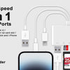 Adaptador multi-puerto blanco con ranuras USB, tarjeta SD y puerto de carga para iPhone conectado a un smartphone.