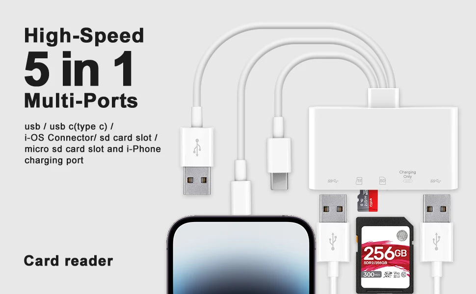 Adaptador multi-puerto blanco con ranuras USB, tarjeta SD y puerto de carga para iPhone conectado a un smartphone.