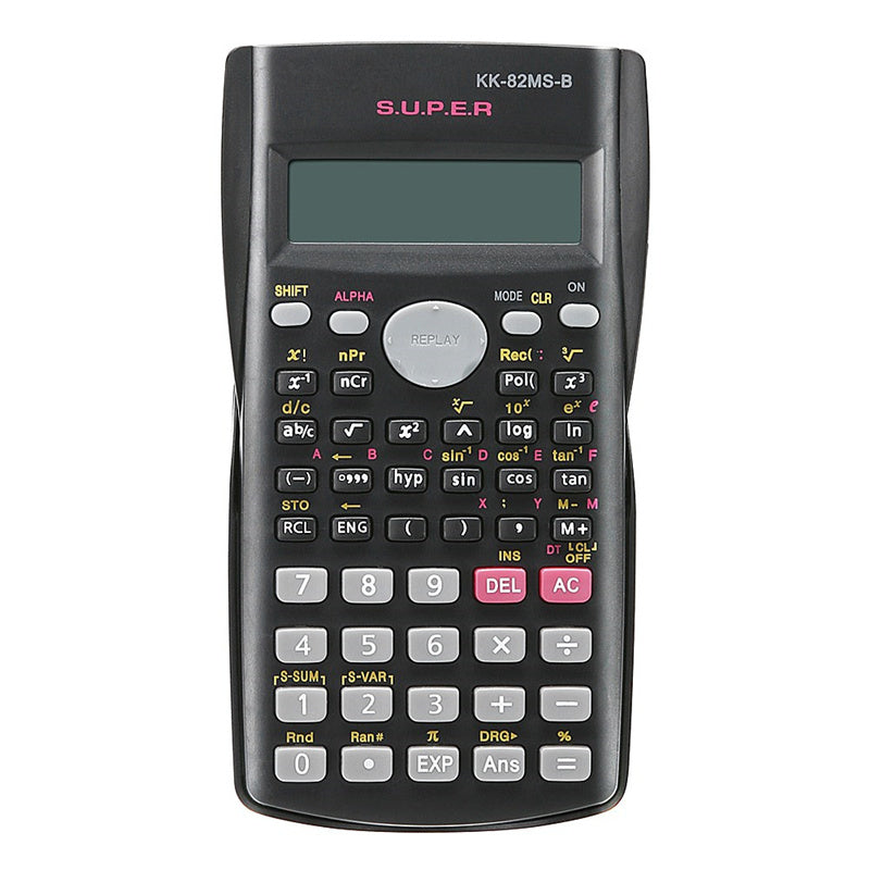 A black scientific calculator with a display and keypad labeled S.U.P.E.R.