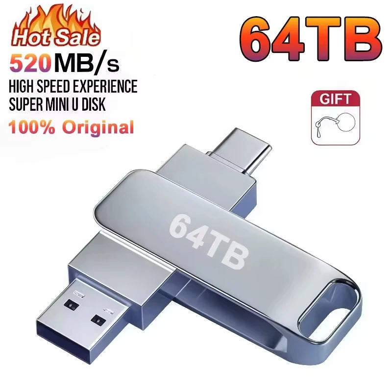 A silver 64TB external hard drive with a USB connector is shown against a white background.
