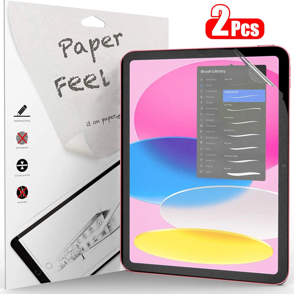 A package of Paper Feel screen protectors for an Apple iPad showing various textures and designs.