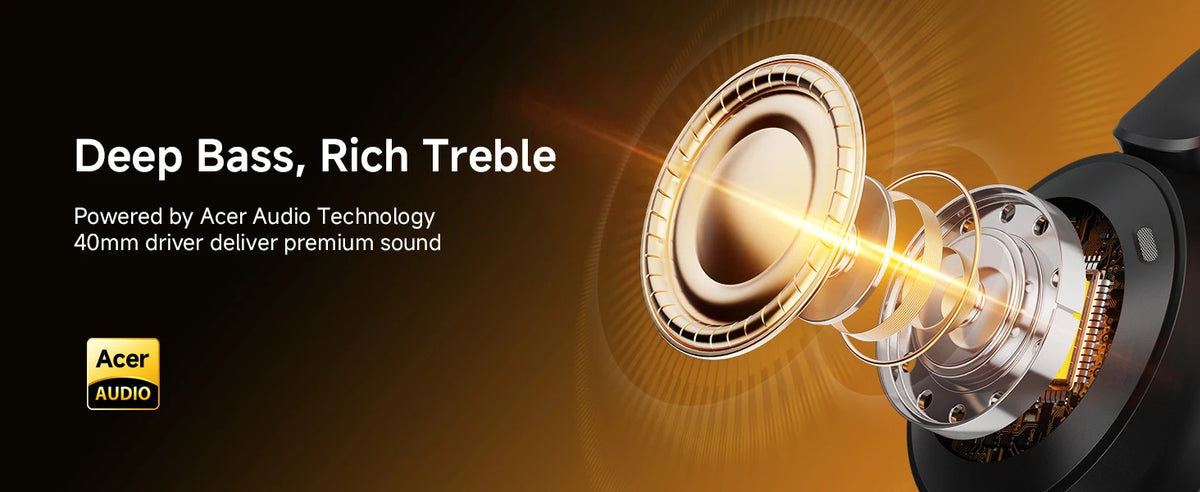 Close-up of a foldable Bluetooth headphone driver emitting light, highlighting deep bass and rich treble sound.