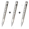 Three metallic brush pen markers shown vertically with black text and a silver body.