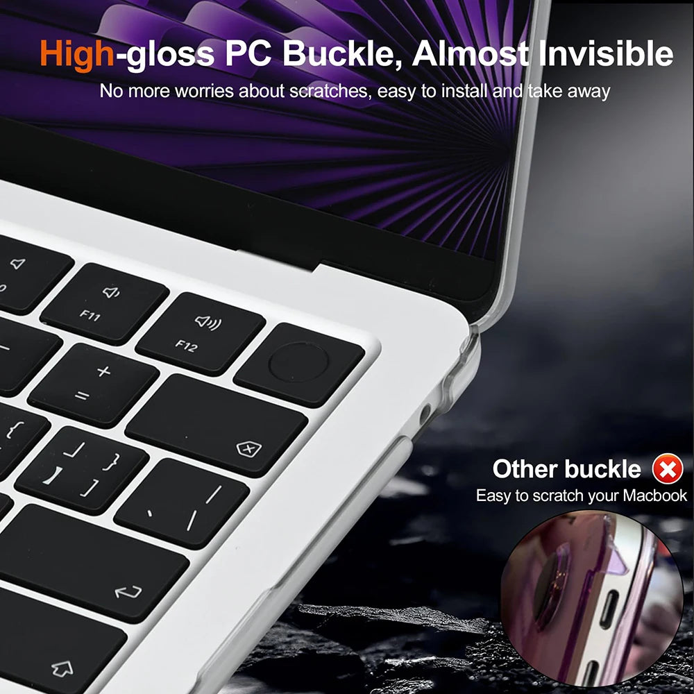 A close-up view of a high-gloss PC buckle protective case for a MacBook keyboard and laptop.