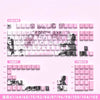 A collection of pink and black anime themed PBT keycaps for mechanical keyboards, organized by section.