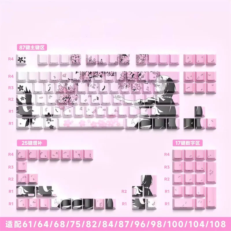 A collection of pink and black anime themed PBT keycaps for mechanical keyboards, organized by section.