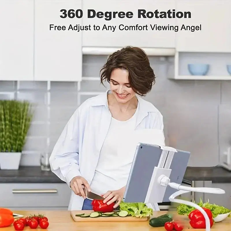 A woman is using a flexible gooseneck tablet and phone holder in a kitchen setting.