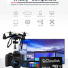 A drone, a camera, a tablet, and a laptop are displayed next to a Cloudisk 128GB MicroSD memory card.