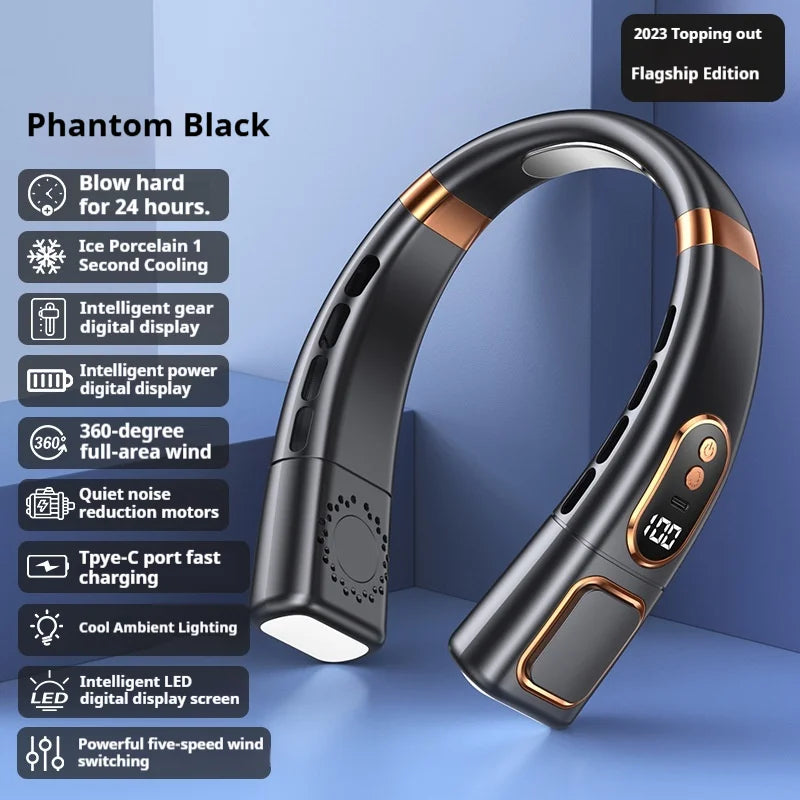 A black bladeless neck fan is shown, highlighting features like a digital display and five-speed wind switching.