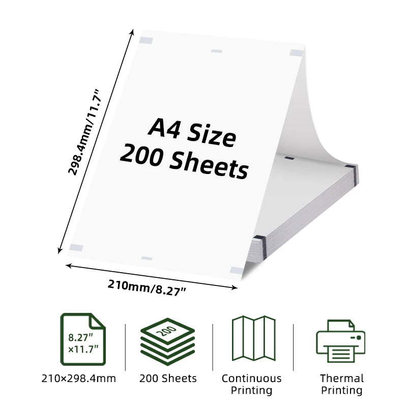 A4 size thermal folding printing paper sheet with dimensions and features listed.