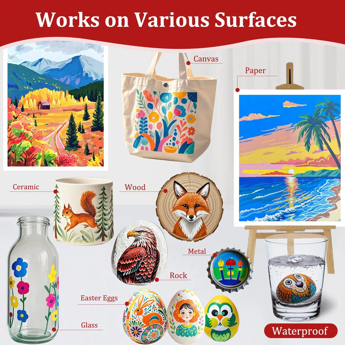 A collection of colorful paint pens and acrylic paints working on various surfaces like canvas, paper, ceramic, wood, metal, 