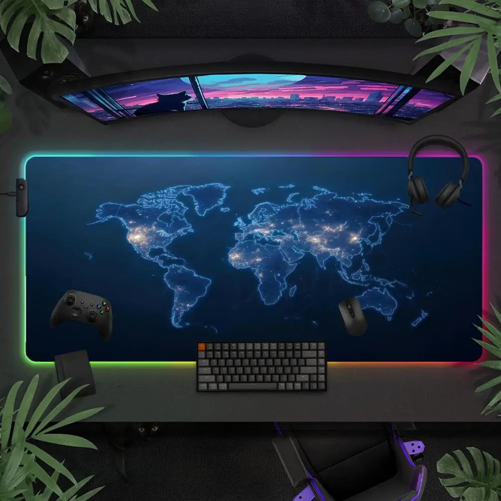 An RGB backlit gaming mouse pad featuring a glowing map of the world and surrounding LED lighting.
