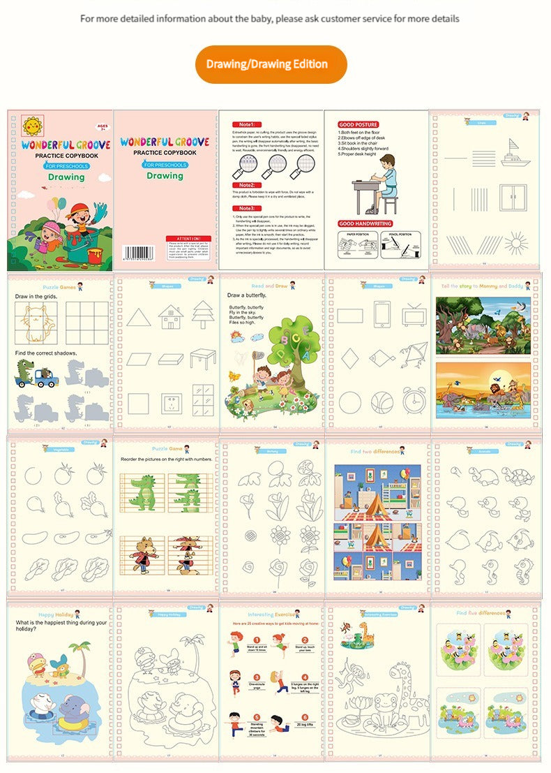 A set of drawing and writing practice books for children, including guided activities like drawing in grids, tracing, and sto