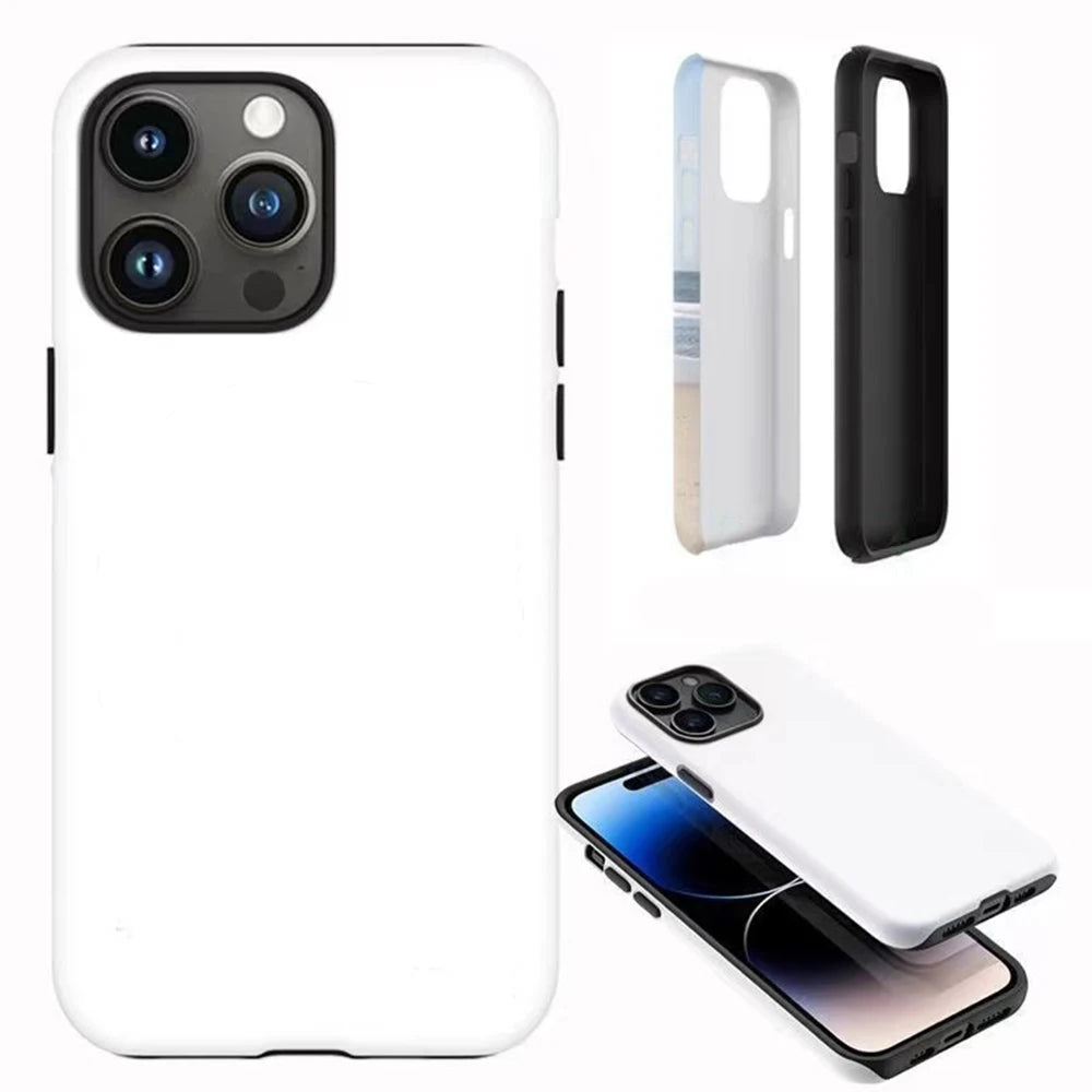 A white luxury designer dual-layer phone case shown with multiple versions of a black smartphone.