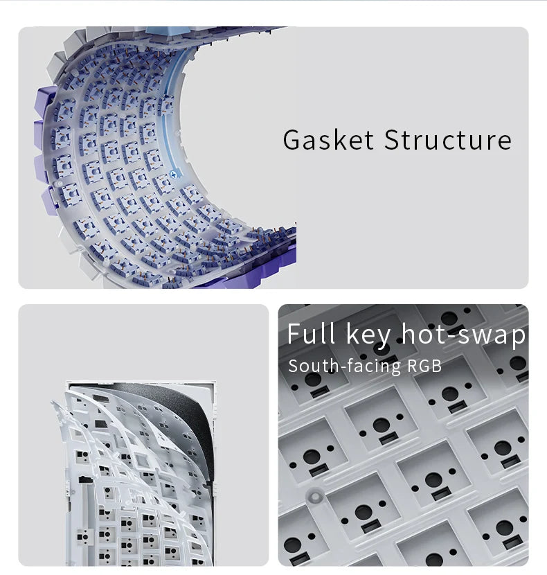 Diagramme, die die Dichtungsstruktur und die volle Hot-Swap-Funktionalität einer mechanischen Tastatur zeigen.